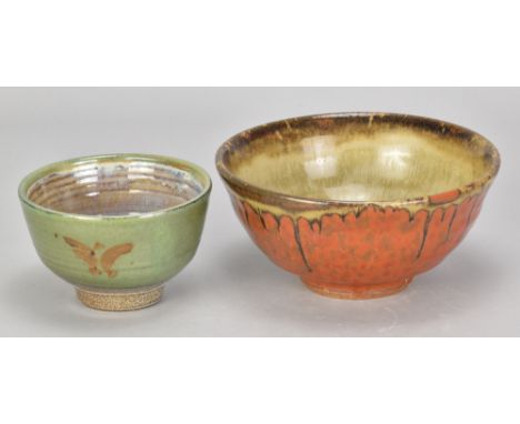 RAY FINCH (1914-2012) for Winchcombe Pottery; a salt glazed teabowl partially covered in green glaze with iron decoration, im