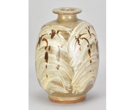 JIM MALONE (born 1946); a square stoneware bottle partially covered in brushed slip with iron decoration, impressed JM and A 