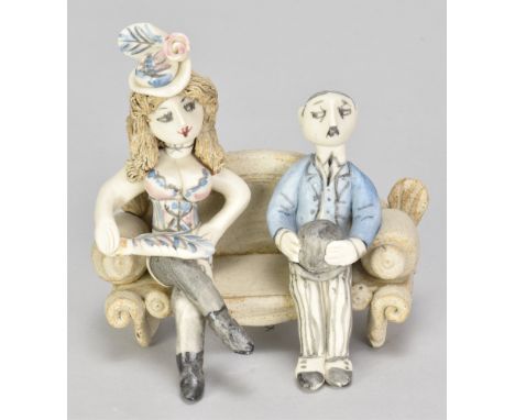 HILARY BROCK (born 1933); a small stoneware sculpture of a couple seated on a sofa, painted B mark, height 10cm. (D)Provenanc