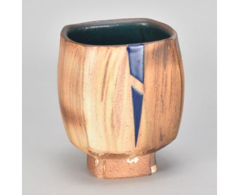 JEFF OESTREICH (born 1947); a faceted stoneware yunomi washed with iron with iron and cobalt decoration, impressed JO mark, h