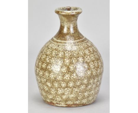 TREVOR CORSER (1938-2015) for Leach Pottery; a stoneware bottle covered in mottled iron glaze with grey ash rim decorated wit