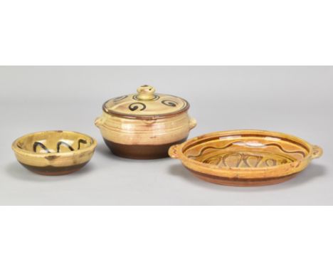 SIDNEY TUSTIN (1914-2005) for Winchcombe Pottery; a slipware twin handled dish with meander decoration, impressed ST and pott