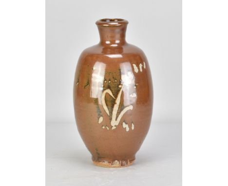 JIM MALONE (born 1946); a stoneware bottle covered in kaki glaze with wax resist decoration, impressed JM and L (for Lessonha