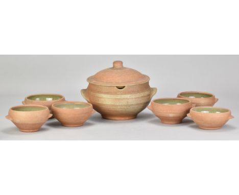 Leach Pottery; a stoneware tureen and a matching set of six soup bowls, impressed pottery marks, tureen diameter 22.5cm (incl