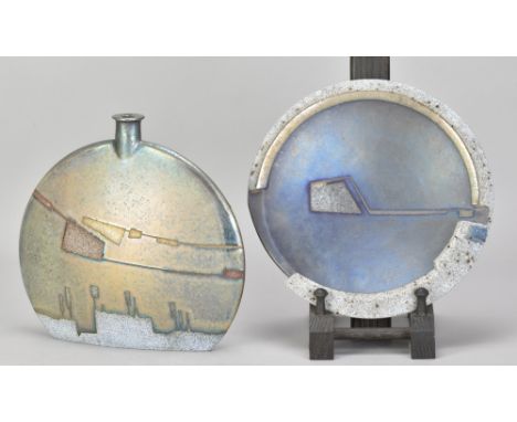 EMILI BIARNES RABER (born 1956); an earthenware flask form decorated with metallic lustre and engobes, painted mark, height 1