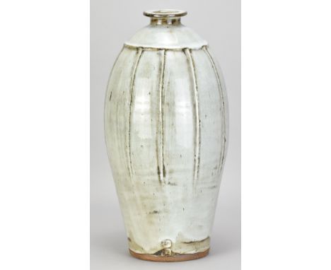 JIM MALONE (born 1946); a large stoneware bottle covered in nuka glaze with incised decoration, impressed JM and B (for Burnb