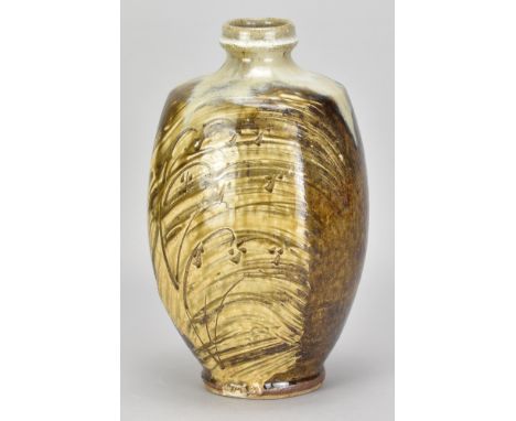 JIM MALONE (born 1946); a stoneware bottle covered in iron glaze with nuka top, ash glaze over brushed slip and incised decor