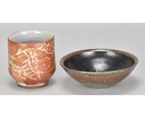 JORDAN SCOTT for Leach Pottery; a stoneware yunomi decorated with fish, impressed JS and pottery marks, height 8cm, and a sma