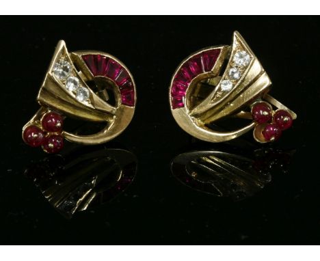 A pair of gold, synthetic ruby and synthetic white sapphire earrings, c.1940,with a crescent, channel set with a line of grad