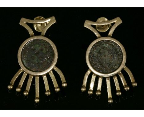 A pair of Continental gold earrings,each with an ancient coin, possibly Roman, rub set to the centre.  Graduated spray bars b