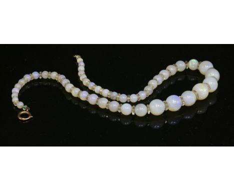 A Victorian single row graduated opal and rock crystal rondelle bead necklace,graduated opal beads, 4.4 to 11.9mm in size, st