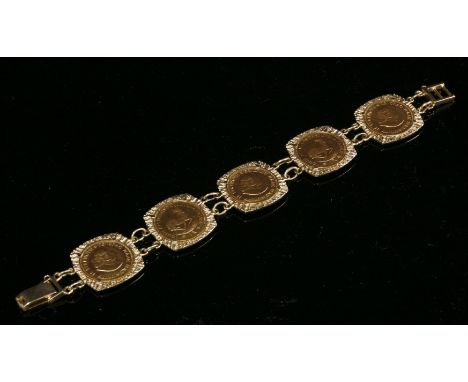 A gold bracelet, c.1970,set with a series of five, one rand gold coins.  Each coin claw set to a cushion-shaped frame with a 