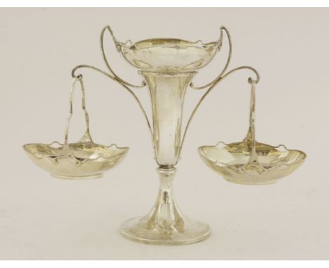 An Edwardian silver epergne, Mappin & Webb, Birmingham, 1908,in art nouveau style, shaped bowls with asymmetrical borders, th