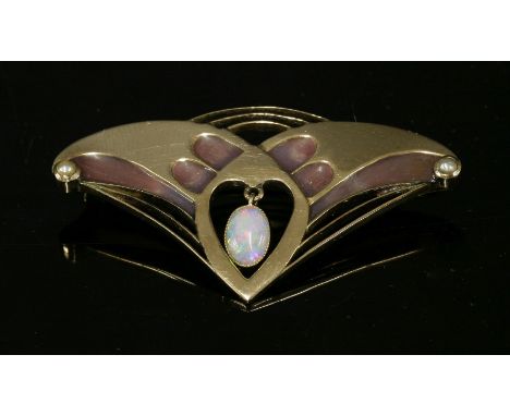 A Jugendstil gold and enamel brooch,of triangular form with dusty pink plique-à-jour enamel sections and blade edge bar arche