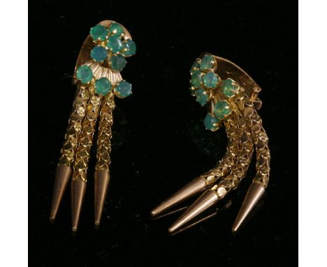 A pair of Continental synthetic emerald cluster drop earrings,with a circular cluster of synthetic emeralds to the top, an ar