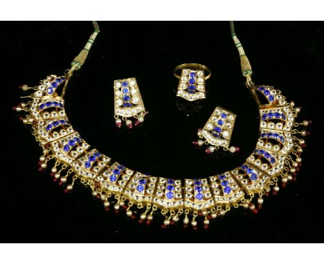 An Indian high carat gold synthetic sapphire, synthetic white spinel, simulated pearl and glass bead necklace, earrings and r