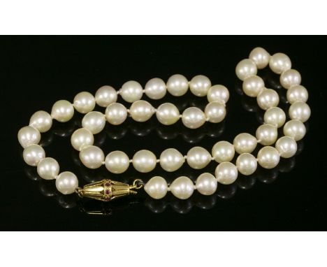 A single row uniform cultured pearl necklace,with forty-five cultured pearls, 8.5 to 9mm in size, strung knotted to a 9ct gol
