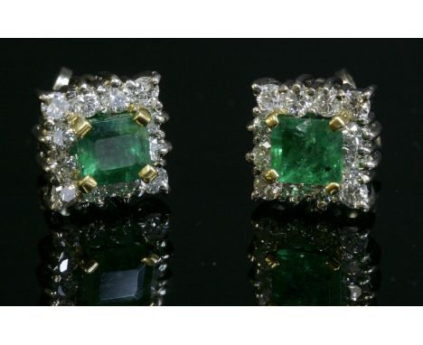 A pair of yellow and white gold emerald and diamond square cluster earrings,with a square emerald cut emerald, four claw set 