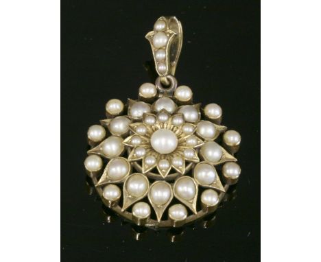 A Victorian split pearl cluster pendant,of circular blossom form.  A split pearl rub set to the centre of a daisy with a spli