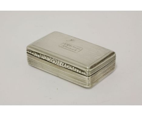 A William IV silver snuff box,Thomas Shaw, Birmingham, 1830,of rectangular form, the hinged cover engraved with an inscriptio