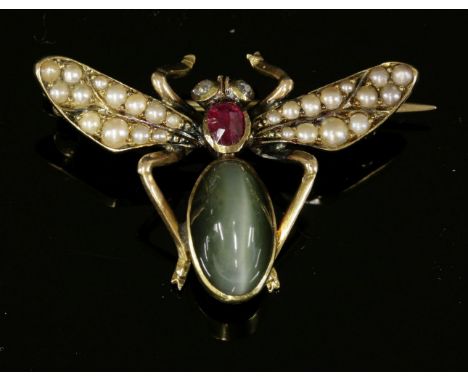 A gold cat's eye, ruby, diamond and split pearl bee or insect brooch, c.1900,an oval mixed cut ruby, rub set, forming the tho