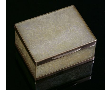 A gold-mounted mother-of-pearl trinket box,of rectangular hinged form.  Carved relief mother-of-pearl rectangular panels, dep