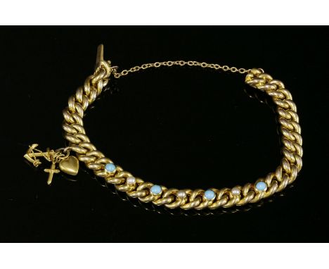 A late Victorian gold, turquoise and split pearl bracelet, c.1900,a hollow curb link bracelet with a centrepiece of four circ