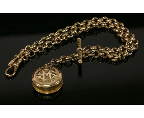 A Victorian gold belcher link watch albert,with looped jump rings between.  A twisted wire 'T' bar with swivel clip to each e