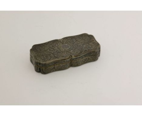 A Victorian silver snuff box,Nathaniel Mills, Birmingham, 1840,shaped oblong, profusely engraved with scrolling foliage and s