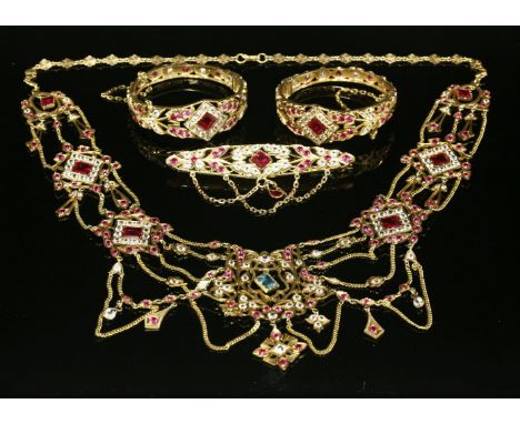 An Indian high carat gold synthetic ruby, synthetic white sapphire and synthetic spinel necklace, pair of bangles and brooch 