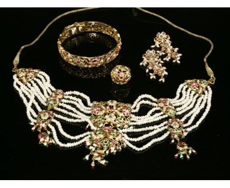 An Indian synthetic ruby, synthetic emerald and cultured freshwater pearl gold necklace,the choker-style necklace with a pier