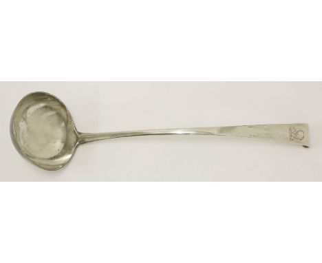 An 18th century Irish silver soup ladle,possible maker's mark for John Laughlin, Snr. and for David Peter, Dublin, no date le