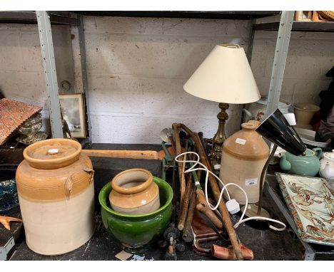 Earthenware jars, mid century Pifco desk lamp, root ball cane, walking sticks, shooting stick etc