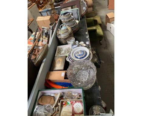 Shelf of china, glass dishes, ornaments, chess pieces, pictures, ice bucket etc