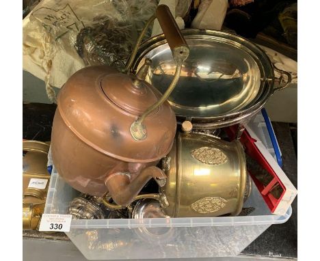 Part shelf of brass items including watering can, copper kettle &amp; large assortment of plateware items