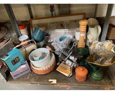 Shelf of items to include vintage weighing scales, pasta maker, camera's, ceramics, radio, etc