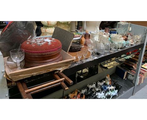 Shelf of collectable glassware, china, ornaments, footstool, old fans etc