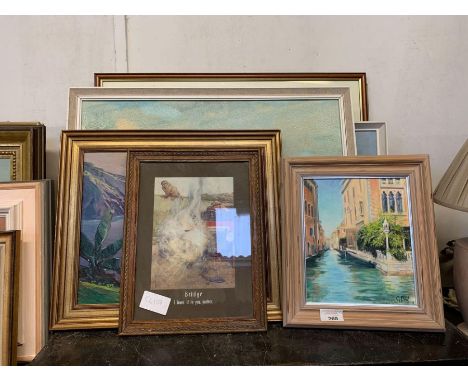 Shelf of assorted framed pictures including oil paintings