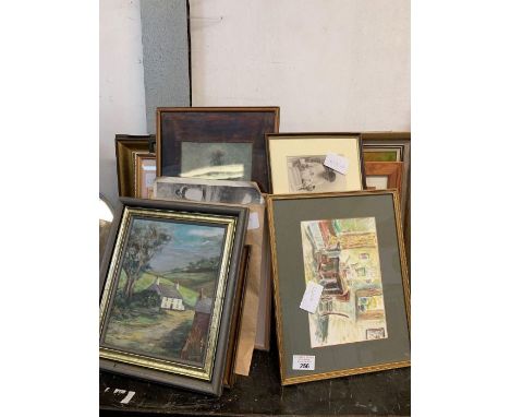 Shelf of framed pictures including an oil painting