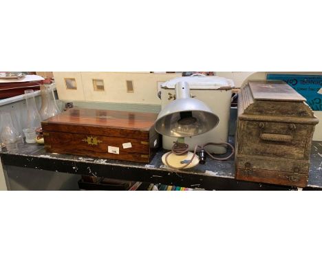 Mahogany &amp; brass bound writing slope, enamel bread bin, Sol-tan lamp, etc