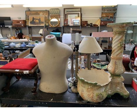 Footstool, mannequin torso, 3 table lamps &amp; jardiniere