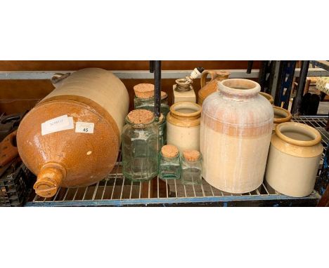 Earthenware jars and flagons, glass jars with cork lids, converted ceramic lamp