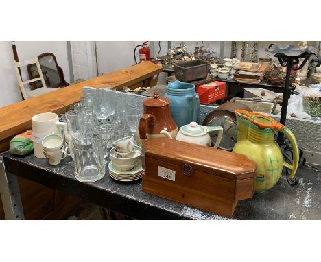 Half shelf of collectable glass, mantel clock, trinkets etc