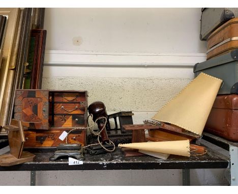 Oriental style miniature chest, ebonised stand &amp; teak sailing boat lamp