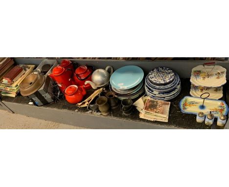 Red enamel tea &amp; coffee pots, period light switches, postcards etc