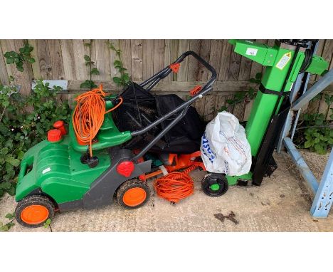Brill electric scarifier, Flymo electric hedge trimmer, Bosch electric chainsaw and an electric log splitter