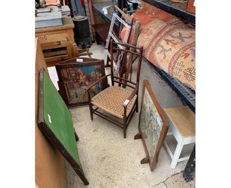Arts &amp; Crafts style armchair along with towel rails, card table, 2 fire screens etc