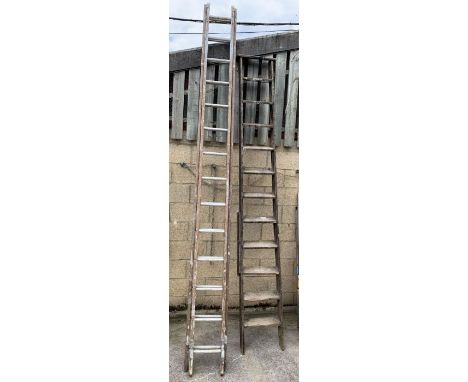 Large wooden ladder along with a wooden &amp; aluminium double ladder