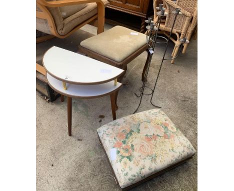 Metal candlestick holder, stool on cabriole legs, retro style side table and another stool