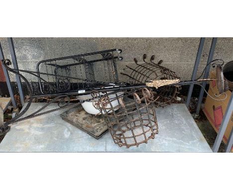 Wrought iron standard lamp, metal baskets, enamel bowl etc